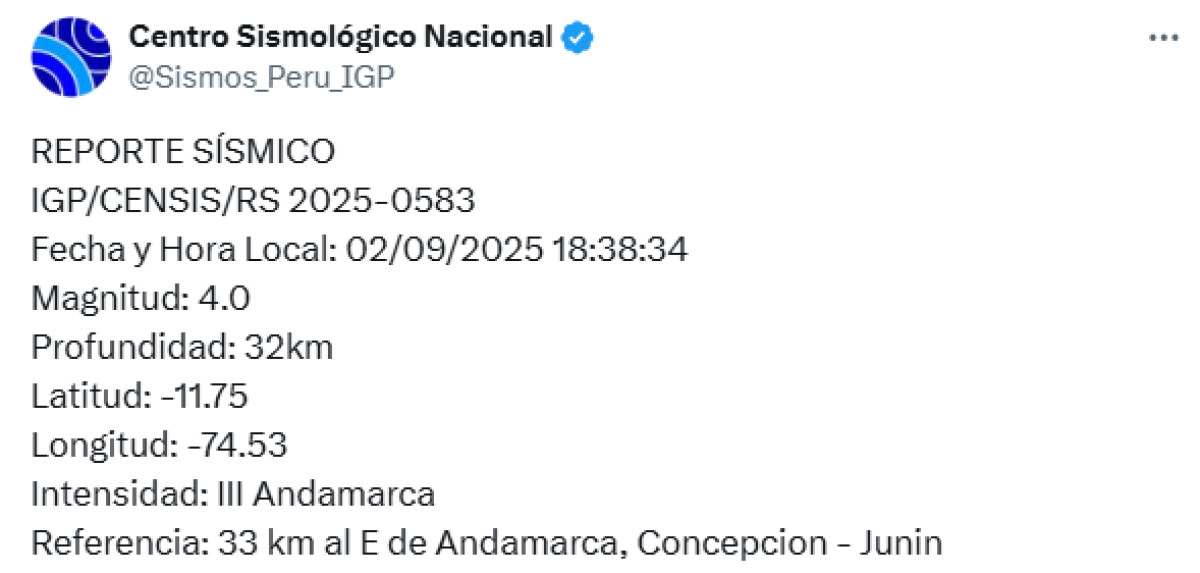 Último sismo en Perú. Foto: Centro Sismológico Nacional.