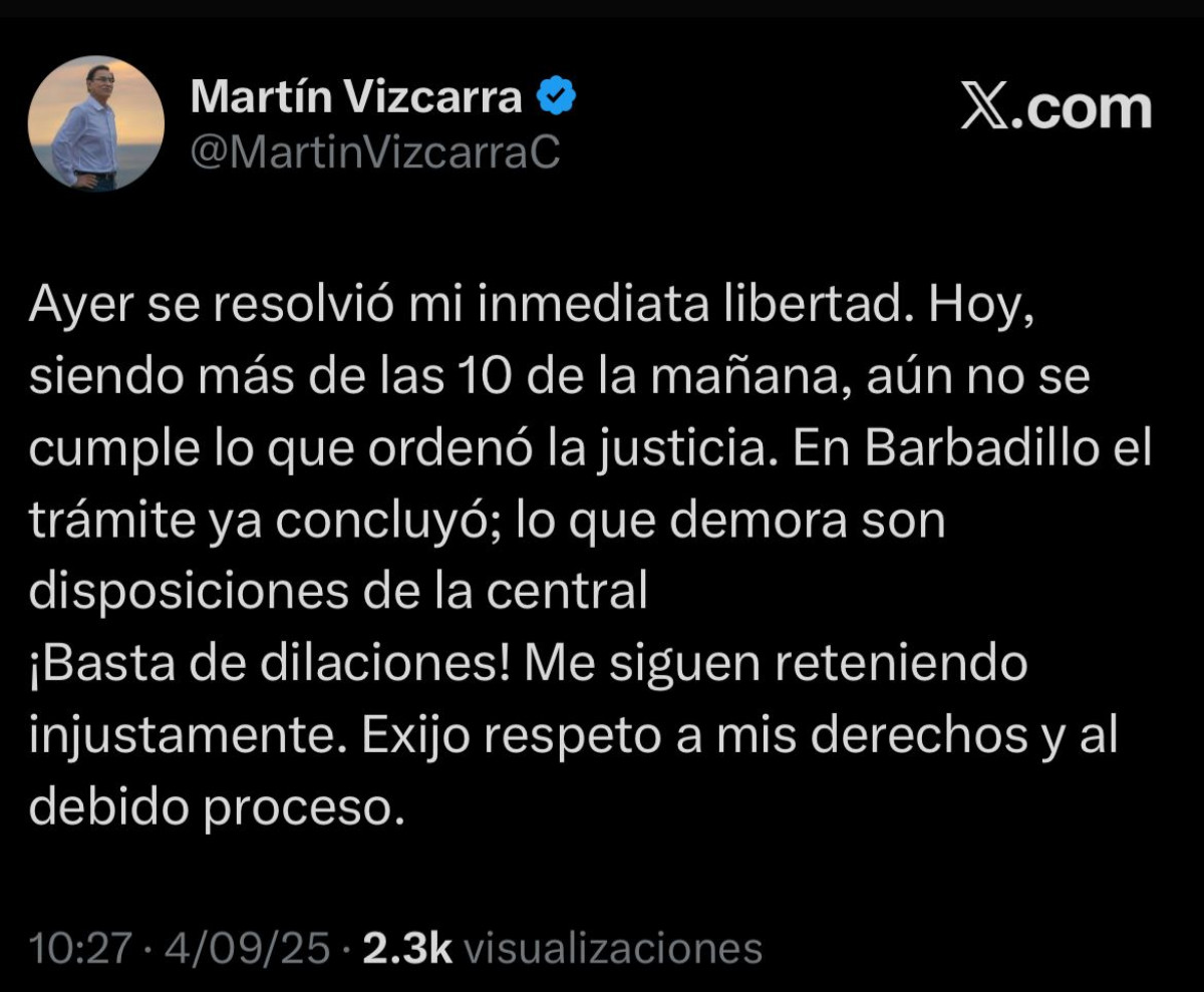 Exmandatario denunció a través de su cuenta de X la demora en su liberación por parte del INPE. Foto: difusión