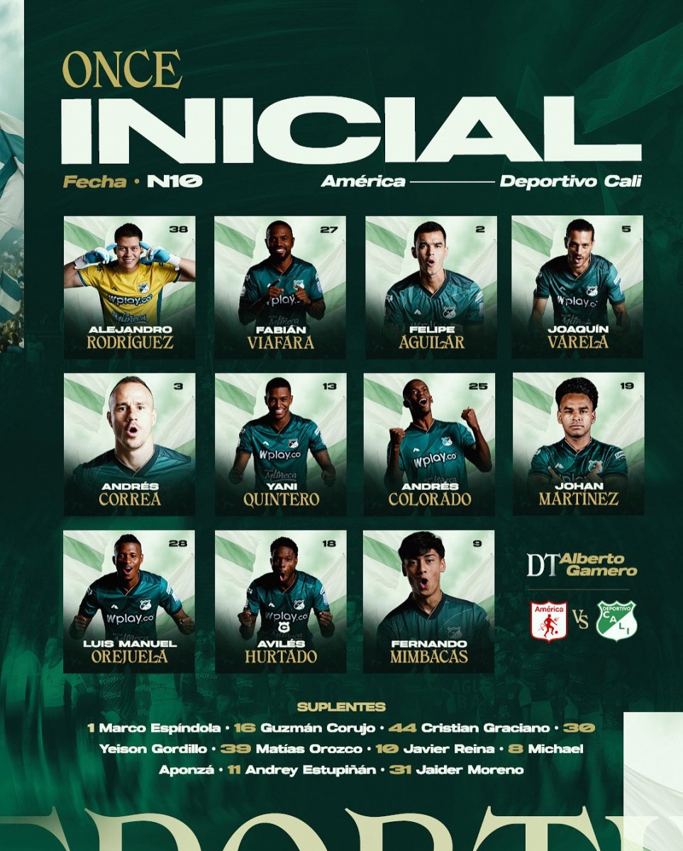 Alineación de Deportivo Cali ante América de Cali.