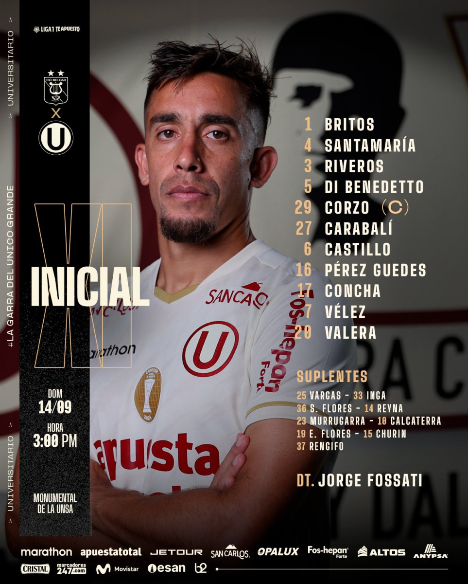 Alineación de Universitario ante Melgar.