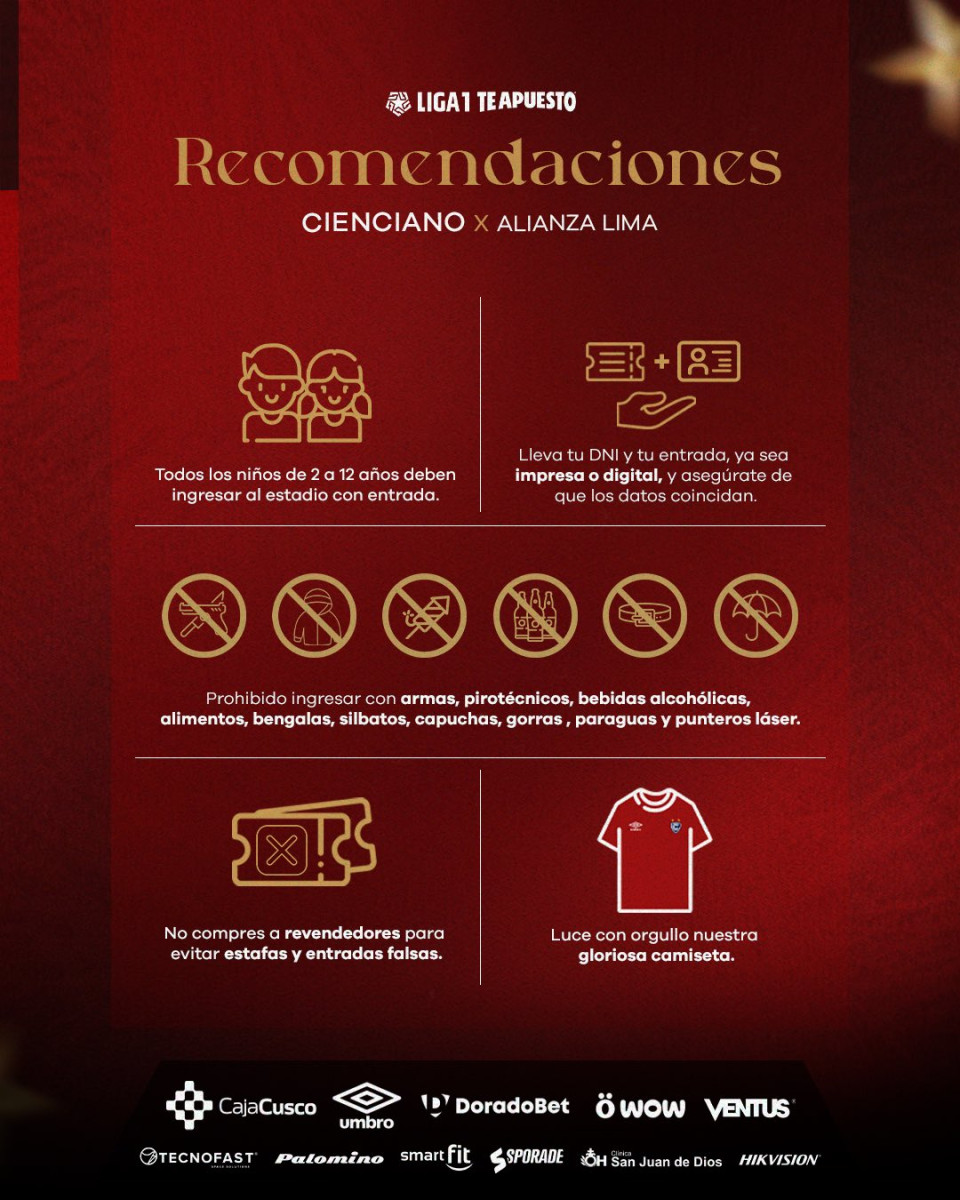 Recomendaciones de Cienciano a los que asistirán al partido ante Alianza Lima.