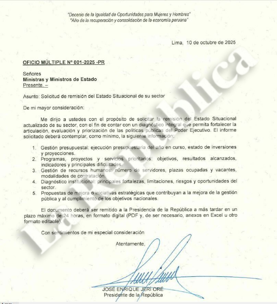 Jerí remitió oficio a los ministros de Dina Boluarte. Foto: La República