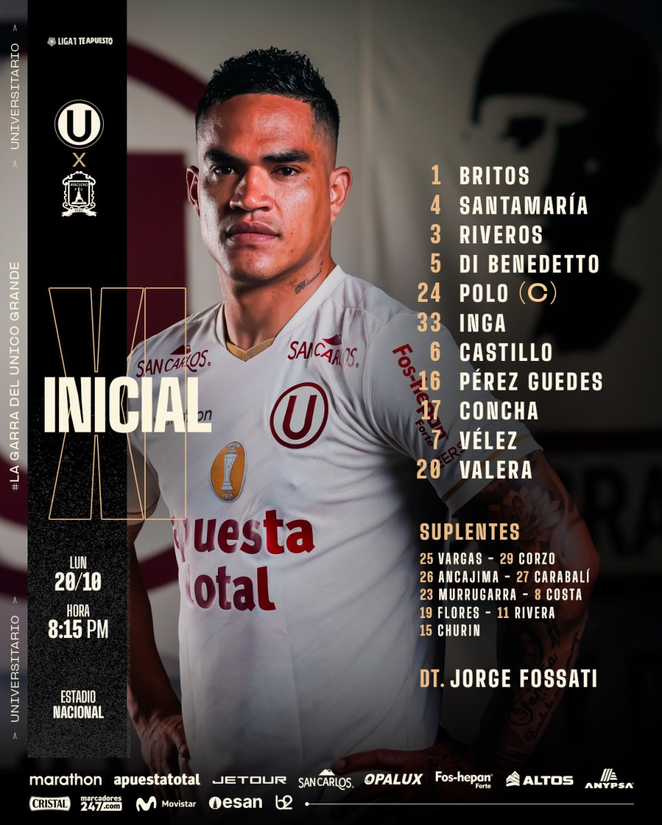 Alineación de Universitario ante Ayacucho FC