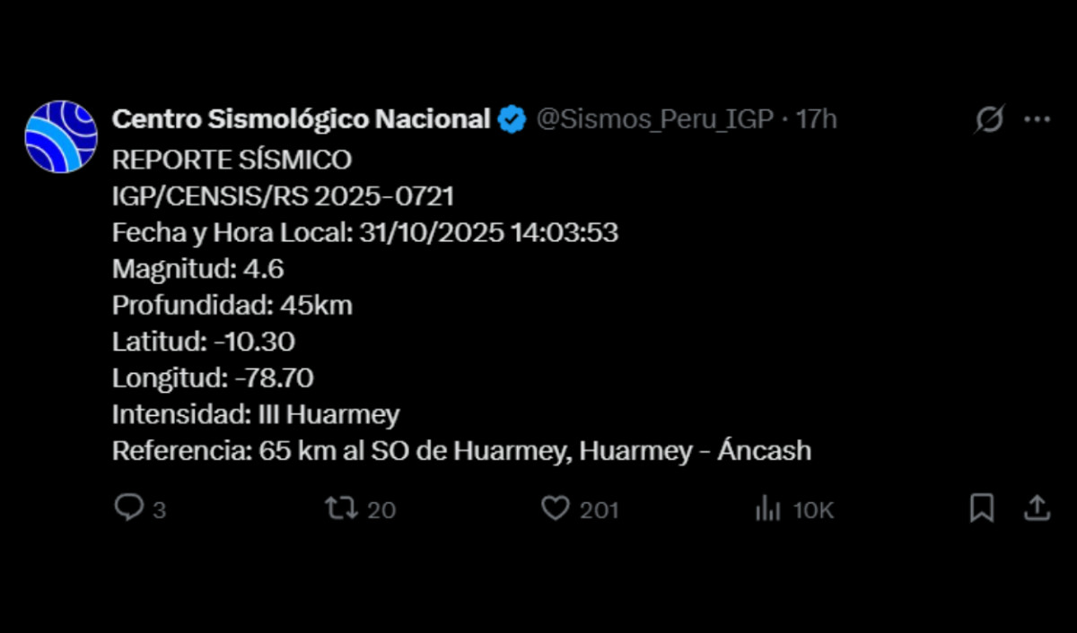Último sismo, 31 de octubre.