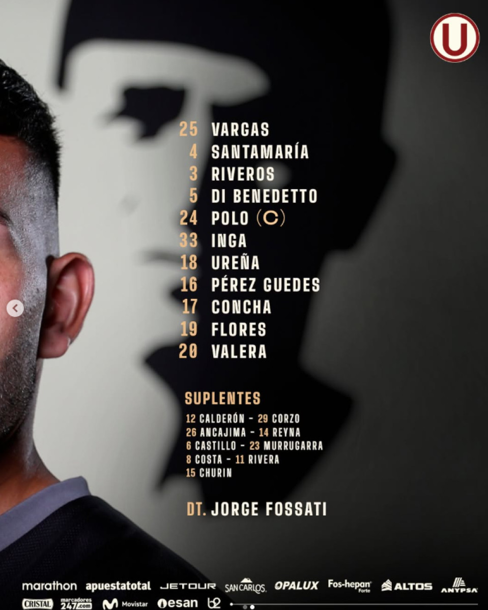 Alineación de Universitario ante Deportivo Garcilaso.