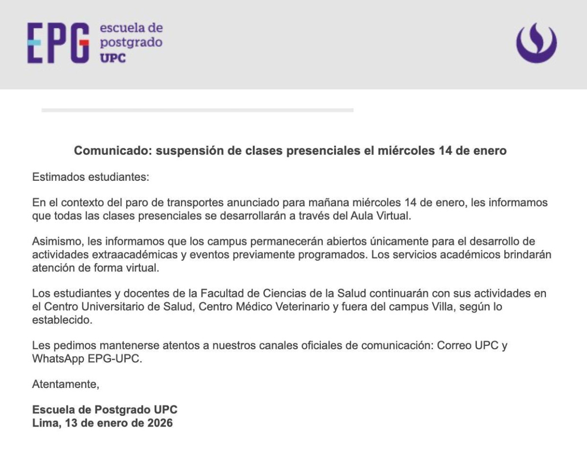 UPC anuncia clases virtuales por paro de transportistas.