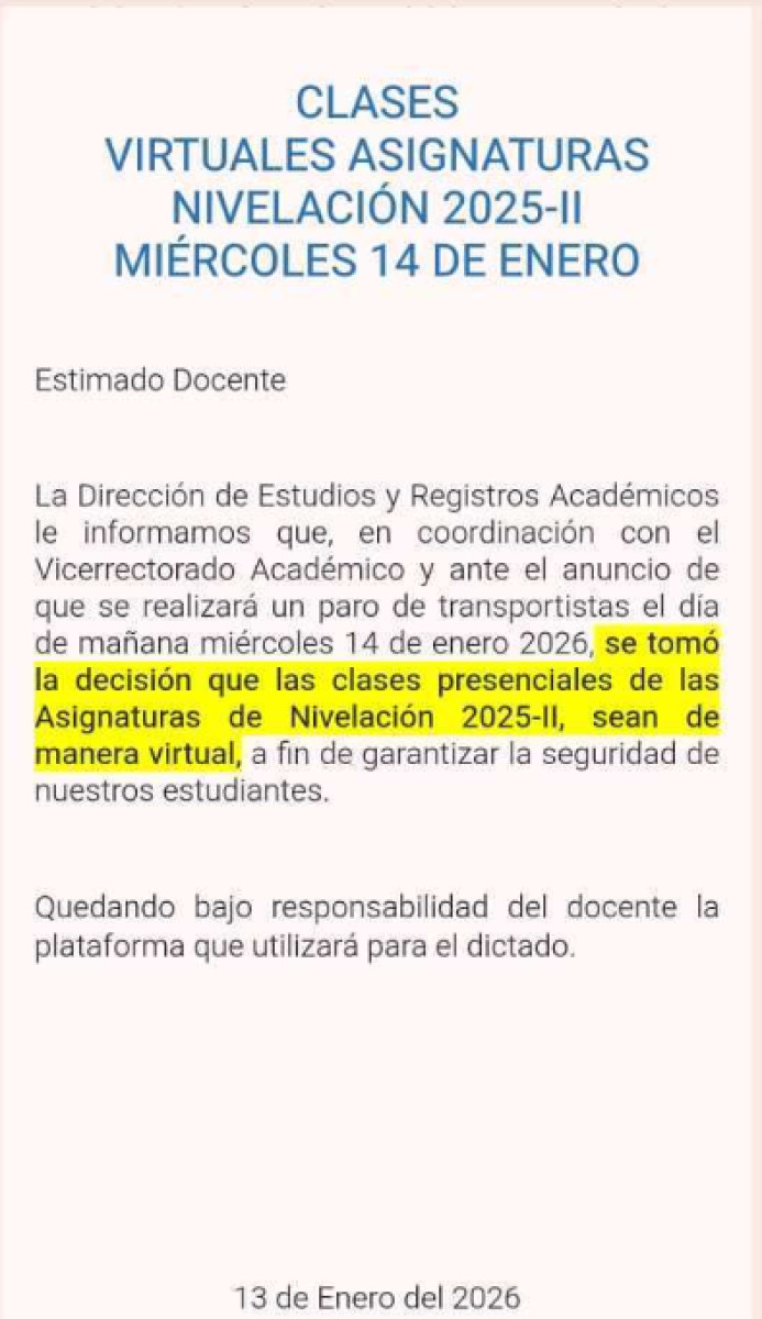 UNALM anuncia clases virtuales este 14 de enero.