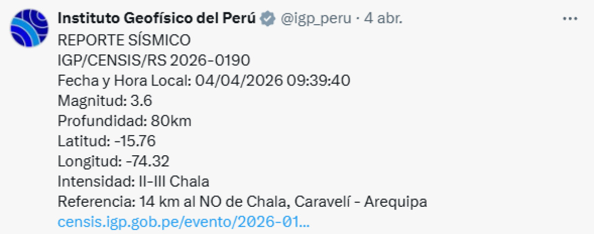 Temblor en Perú hoy