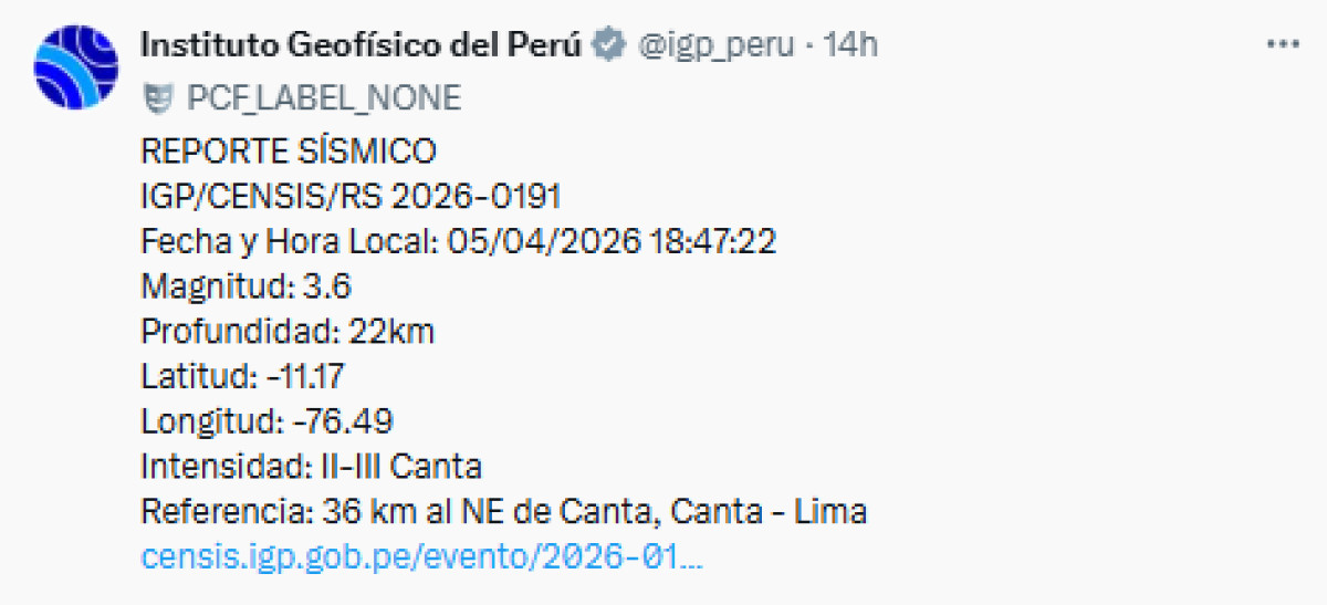 Temblor Perú hoy IGP