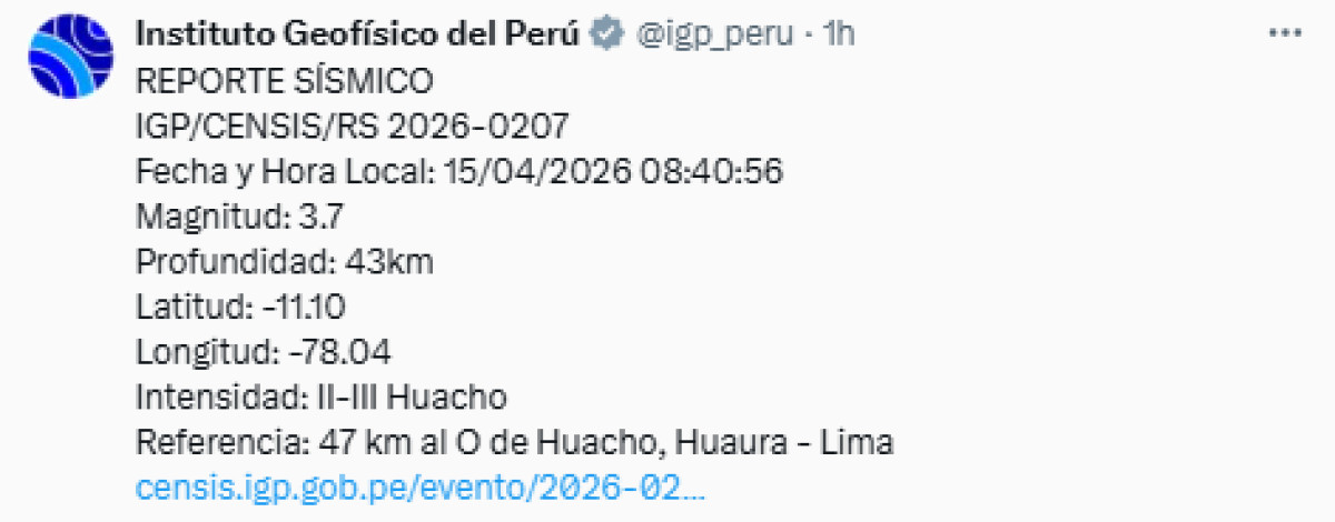 Temblor Perú hoy IGP