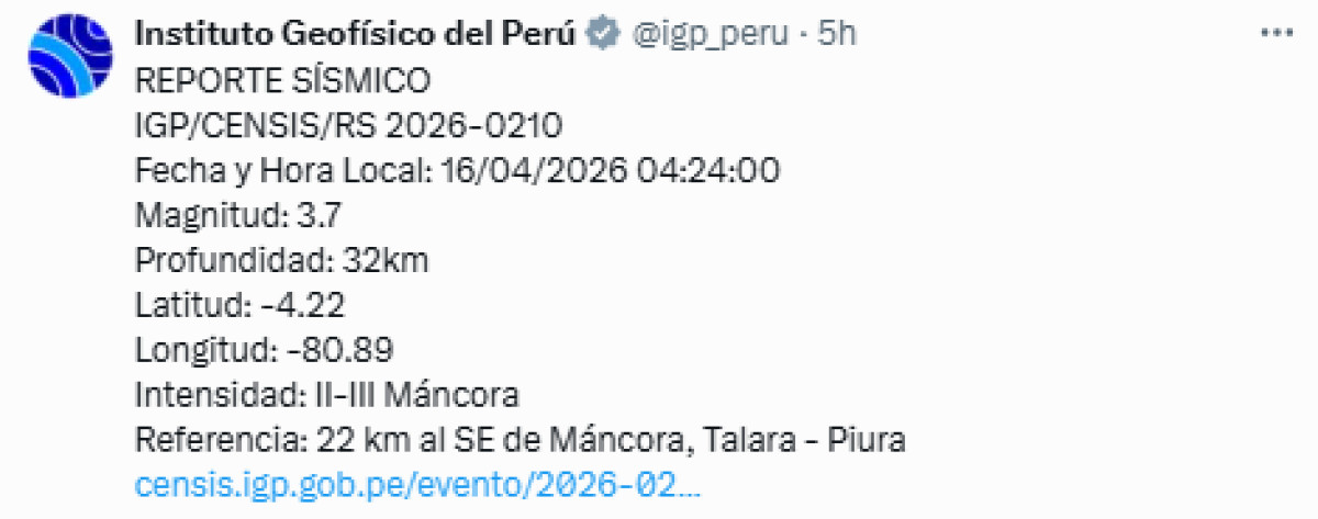 Temblor Perú hoy IGP
