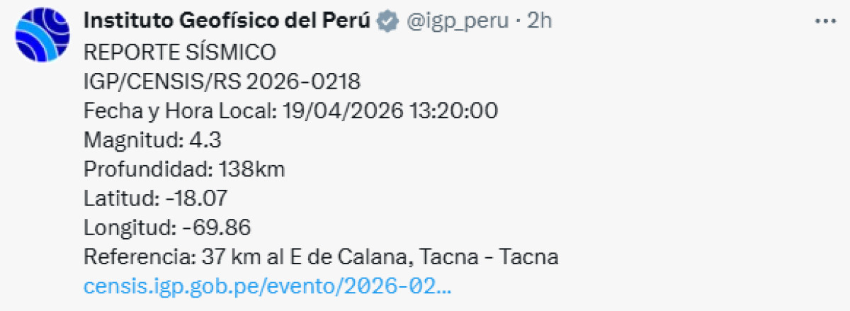 Último sismo hoy Perú