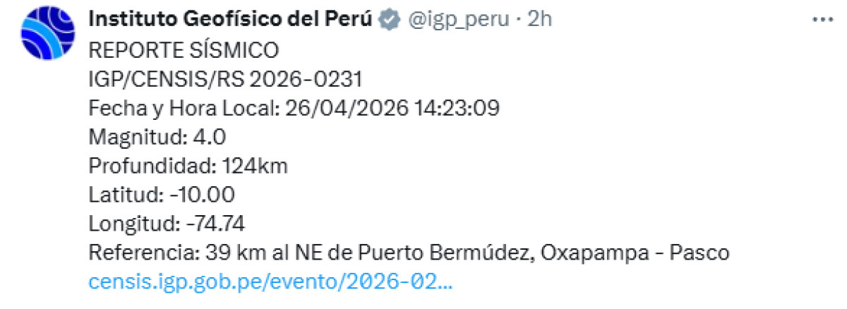 Último sismo hoy