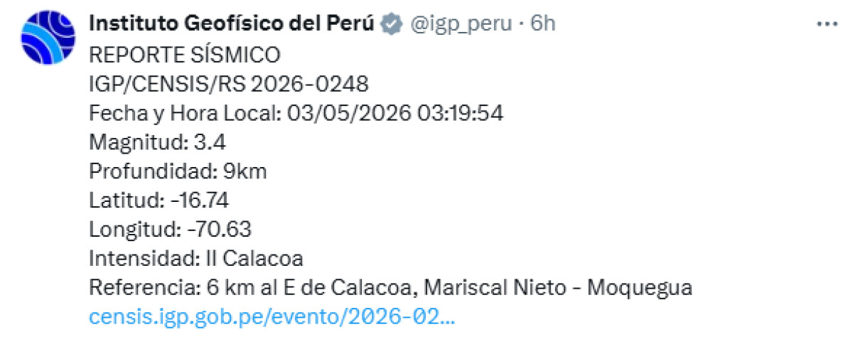 Temblor Perú hoy
