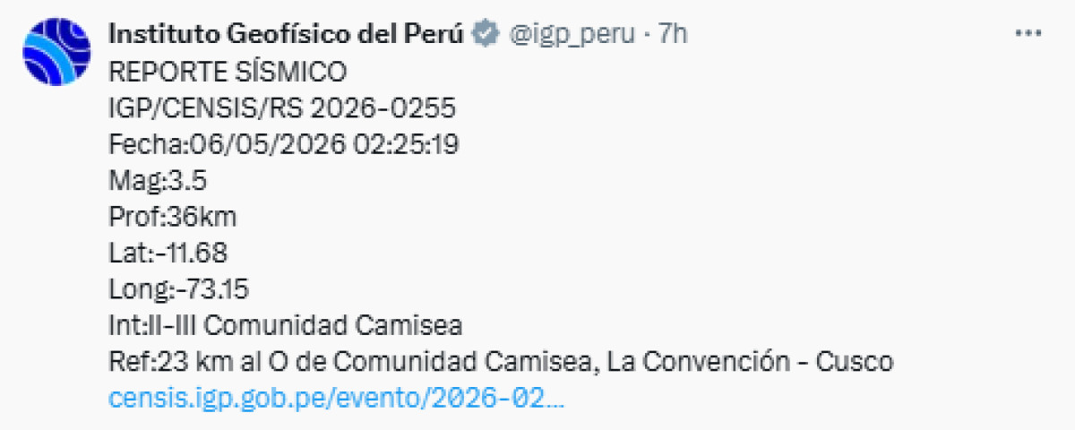 Último sismo hoy