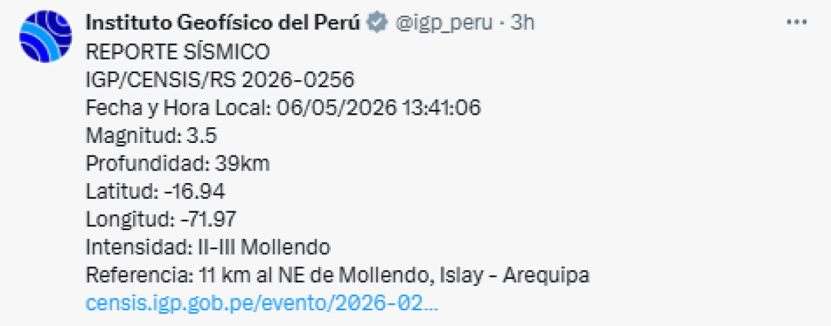Sismo hoy Perú 2026