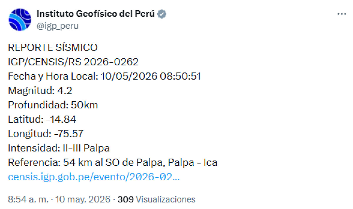 Último sismo hoy