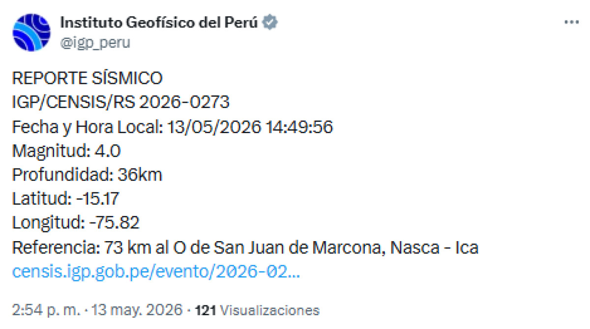 Temblor hoy en Ica