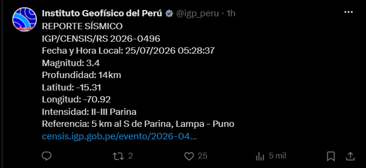 Último temblor en Perú HOY, 25 de julio: magnitud, epicentro y reporte oficial del IGP
