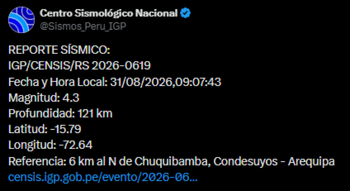 Nuevo sismo de 4.3 de magnitud en Arequipa