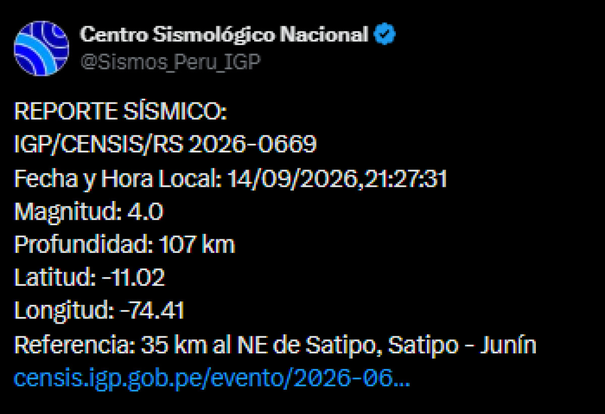 Último sismo en Perú registrado por el IGP