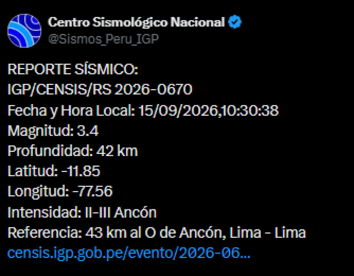 Temblor en Perú hoy 15 de septiembre