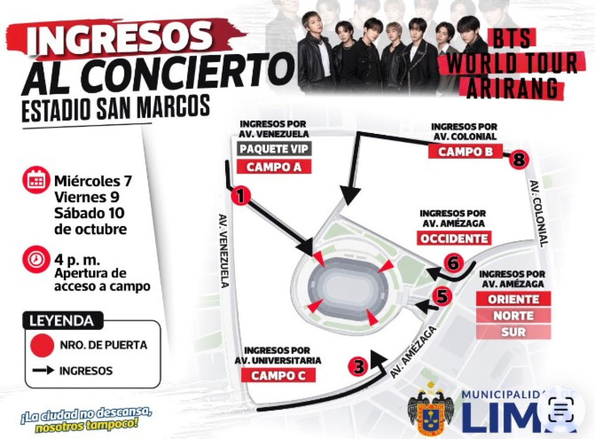 Mapa de accesos y rutas de ingreso al Estadio San Marcos para los conciertos de BTS