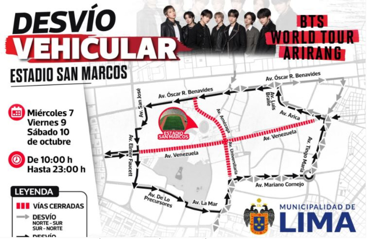 Desvío vehicular por conciertos de BTS en San Marcos